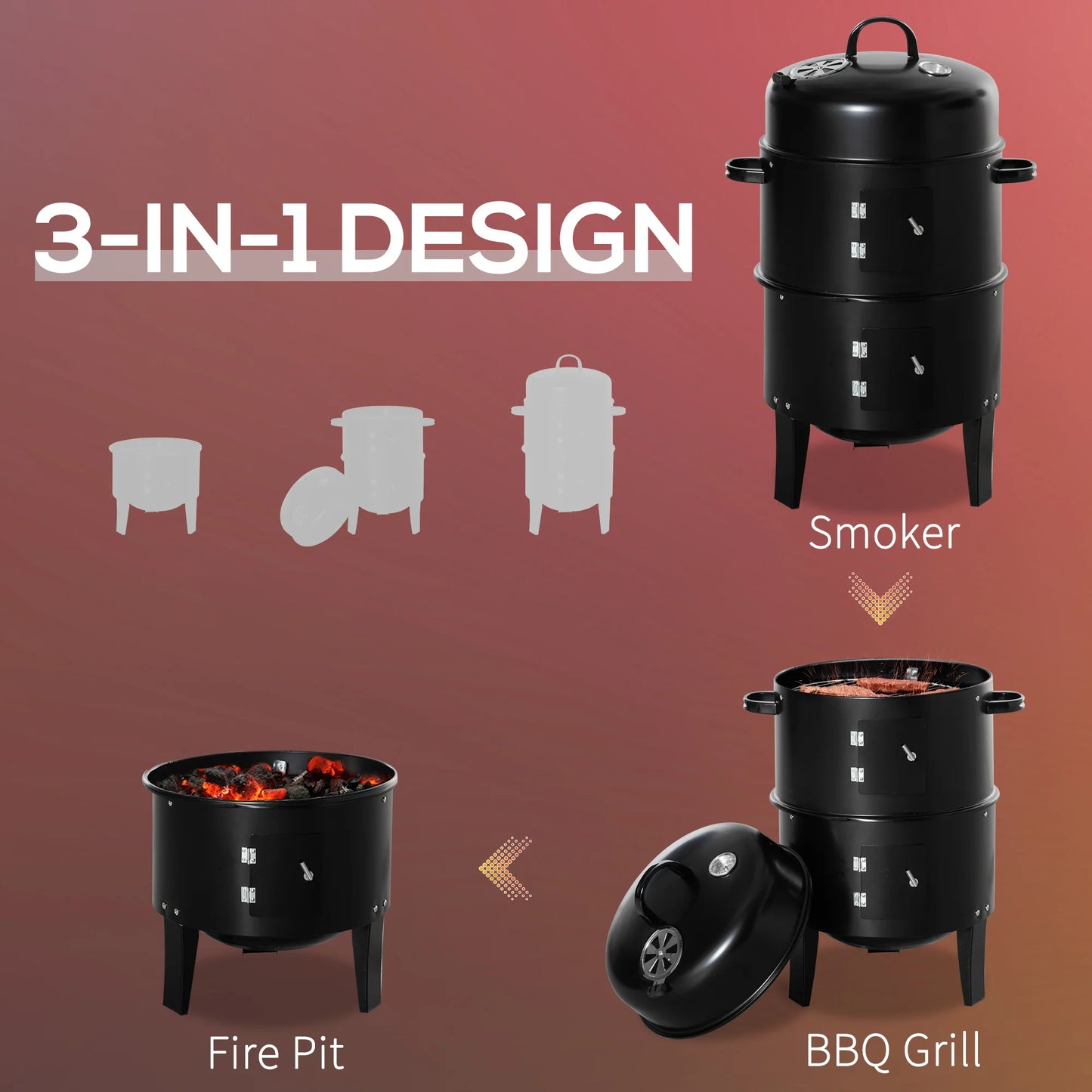 Outsunny Three In One Outdoor Charcoal BBQ Smoker Grill