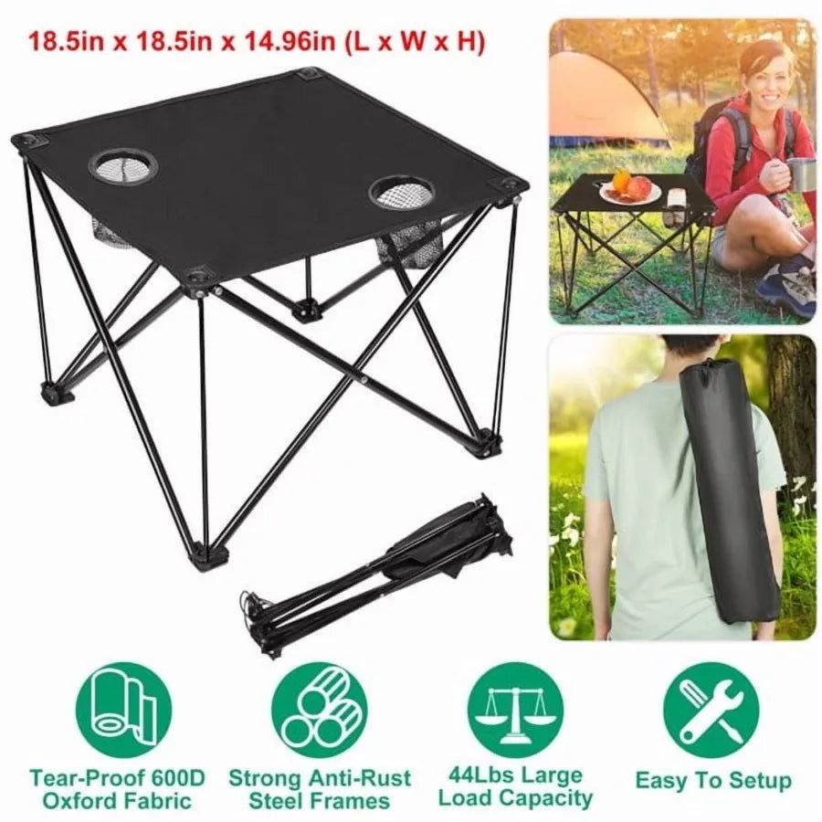 18.5" Square Lightweight Portable Folding Table Waterproof Polyester Top With Cup Holders For Camping Picnics Backpacking