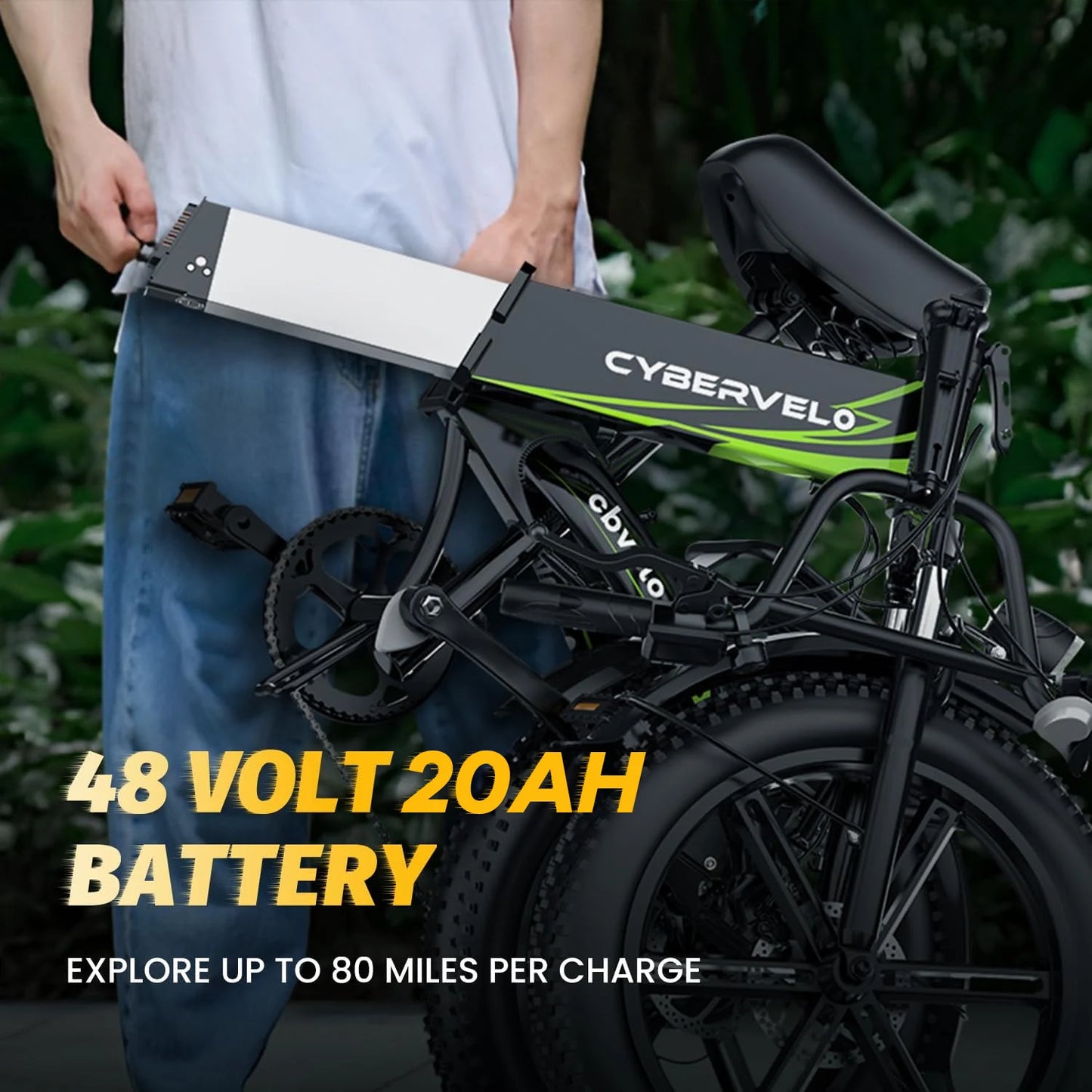 Cybervelo 20" 1000W Foldable Moutain Sand Off road E-Bike 48V 20AH Bulit-in Battery 80 Miles+ Long Range Electric-Bike for Adult EK5