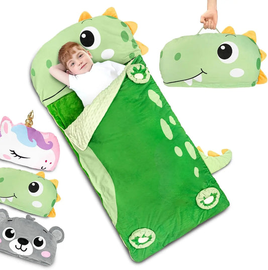 3-in-1 Kids Sleeping Bag, Toddler Nap Mat with Pillow, Plush Slumber Bag for Daycare Preschool Kindergarten, Travel Sleepover Ages 3-6, Boys Girls