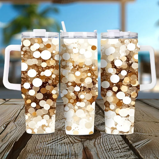 The 40OZ First-Generation Handle Lid Stainless Steel Cup Comes with a Lid And Straw, Featuring a Trendy Pattern Design, Suitable for Both Hot And Cold Beverages. It'S Perfect for Outdoor Sports, Camping, And Car Use