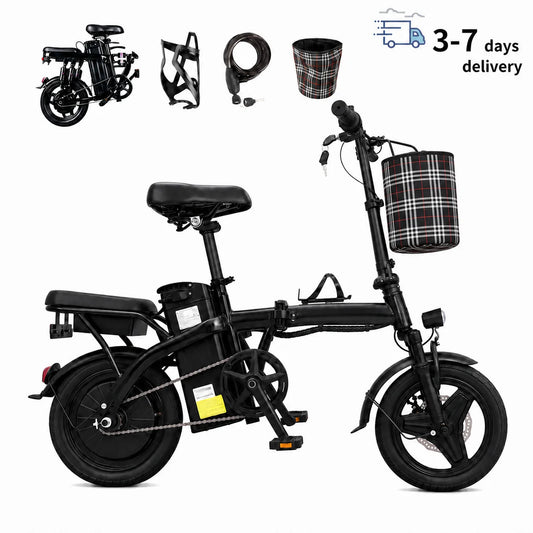 This Adult Folding Electric Bicycle Features a500-watt Motor, a 48-volt 15-amp-hour Battery, 14-inch Tires, and a Maximum Range