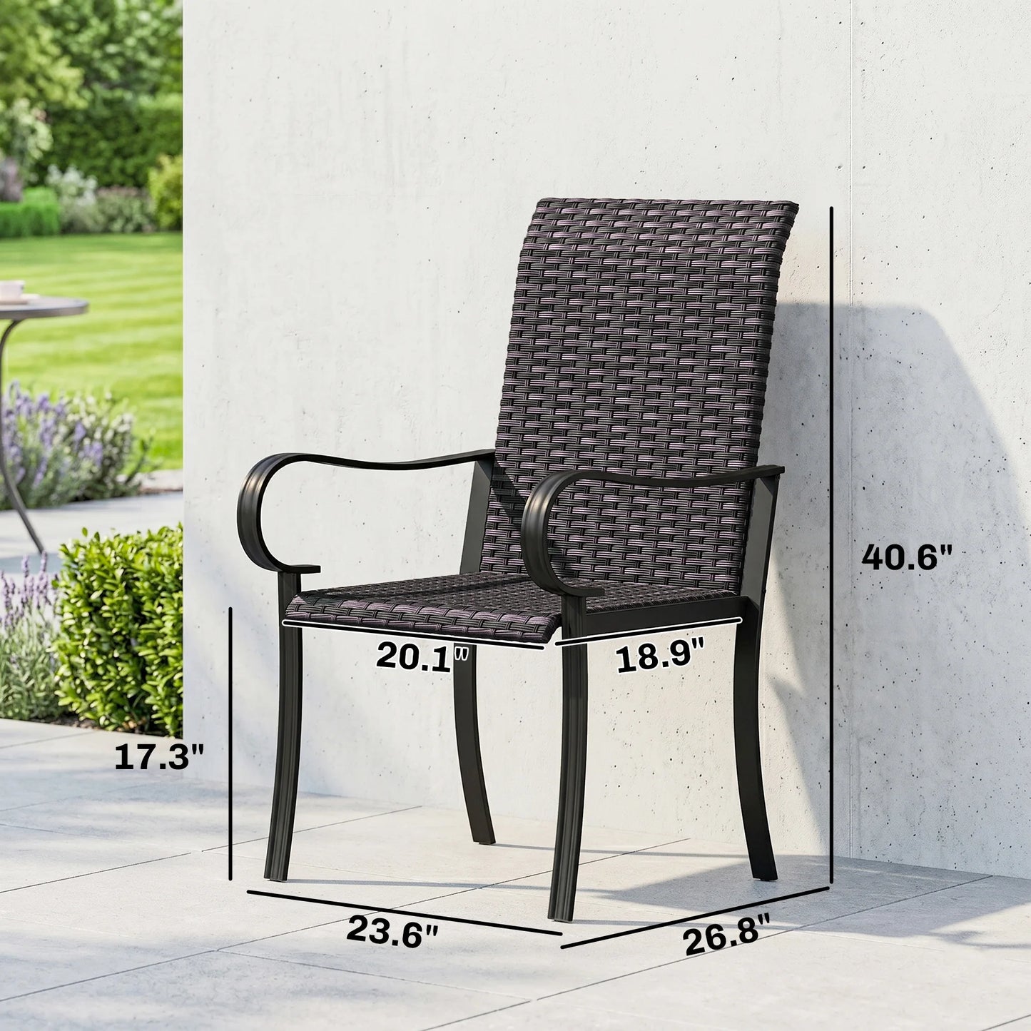 Set of 4 Outdoor Wicker Dining Chairs, All-Weather Rattan Armchairs with Armrests, Steel Frame, High Back and Deep Seating, Brown