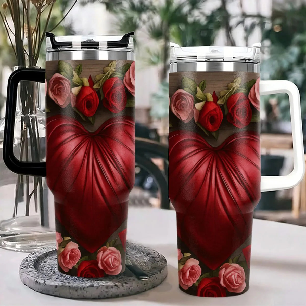 1pc 40oz Stainless Steel Tumbler with Straw - Heart & Rose Design Insulated for Hot & Cold Drinks Ideal for Mother's Day Outdoor Travel Car Cup Holder Compatible Car Beverage Holder Floral Tum