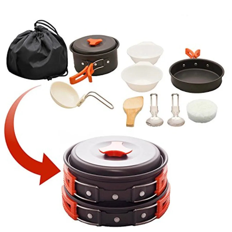Voyage Living 12 PCS Lightweight Camping Cookware Set Non-Stick Pots, Pans and Utensils for Backpacking, Hiking Compact Mess Ki