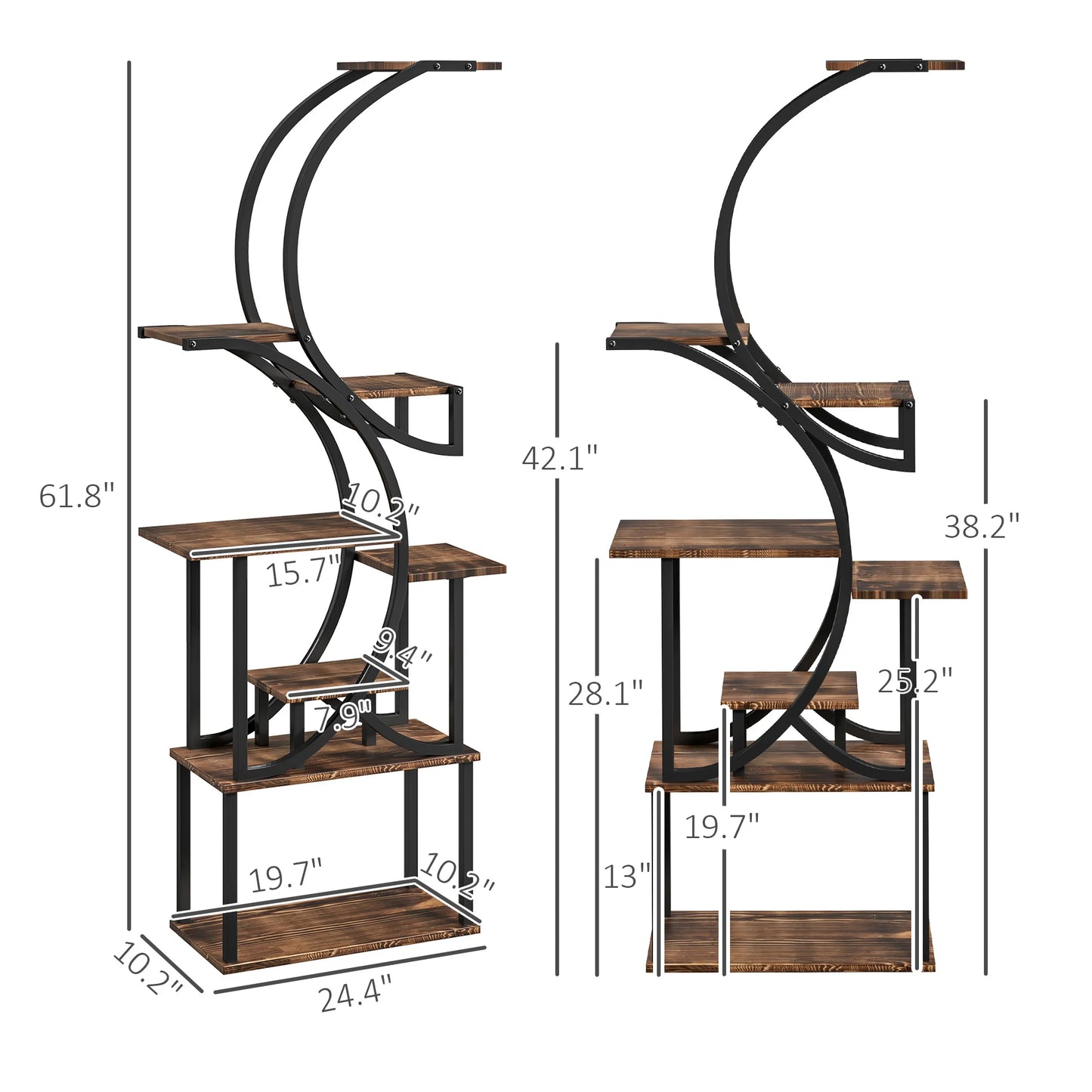 8 Tier Plant Stand, 62" S-Shaped Plant Shelf, Carbonized Finish