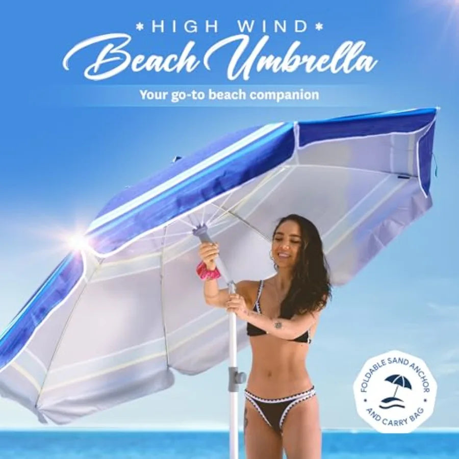Heavy Duty Windproof Beach Umbrella With Sand Anchor Tray
