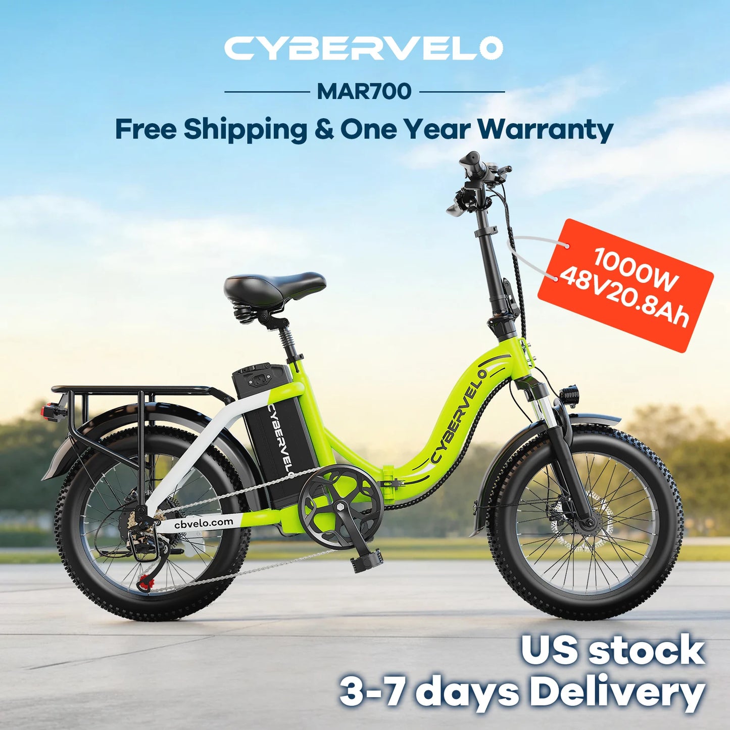Cybervelo 1000W Electric Bike for Adults 48V 20.8Ah Large Removable Battery Foldable 20 Inch Fat Tire Urban Commuting Mars700