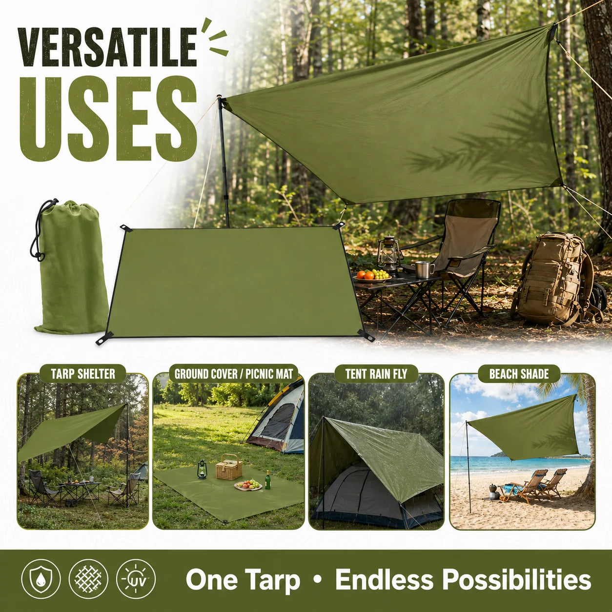 59x83" Outdoor Waterproof Tarp Camping Awning Backpacking Rain Shelter Tent Portable Sun Shade Canopy Ground Sheet for Hiking Picnic Beach Hammock Camp Gear Durable Lightweight Ripstop Cover with Grommets Ropes Storage Bag Ac