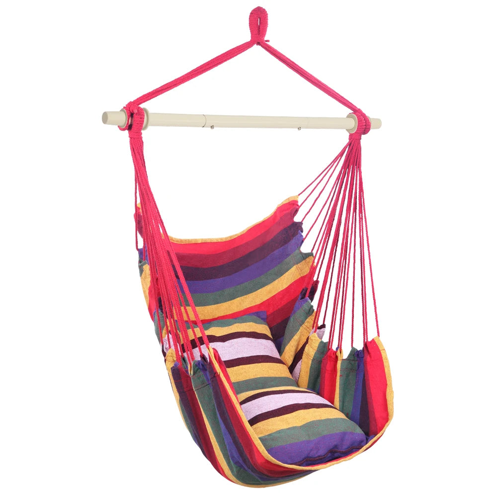 Outdoor Hanging Rope Chair Distinctive Cotton Canvas with 2 Pillows Rainbow 250 Lbs Capacity for Garden Patio Porch Swing