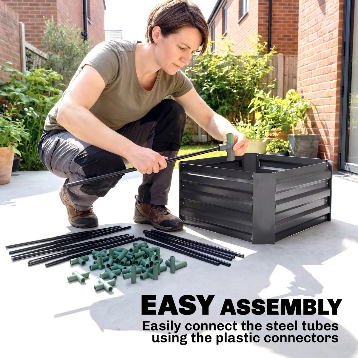Galvanised Raised Garden Bed with Tomato Cage, Open Bottom, Dark Gray
