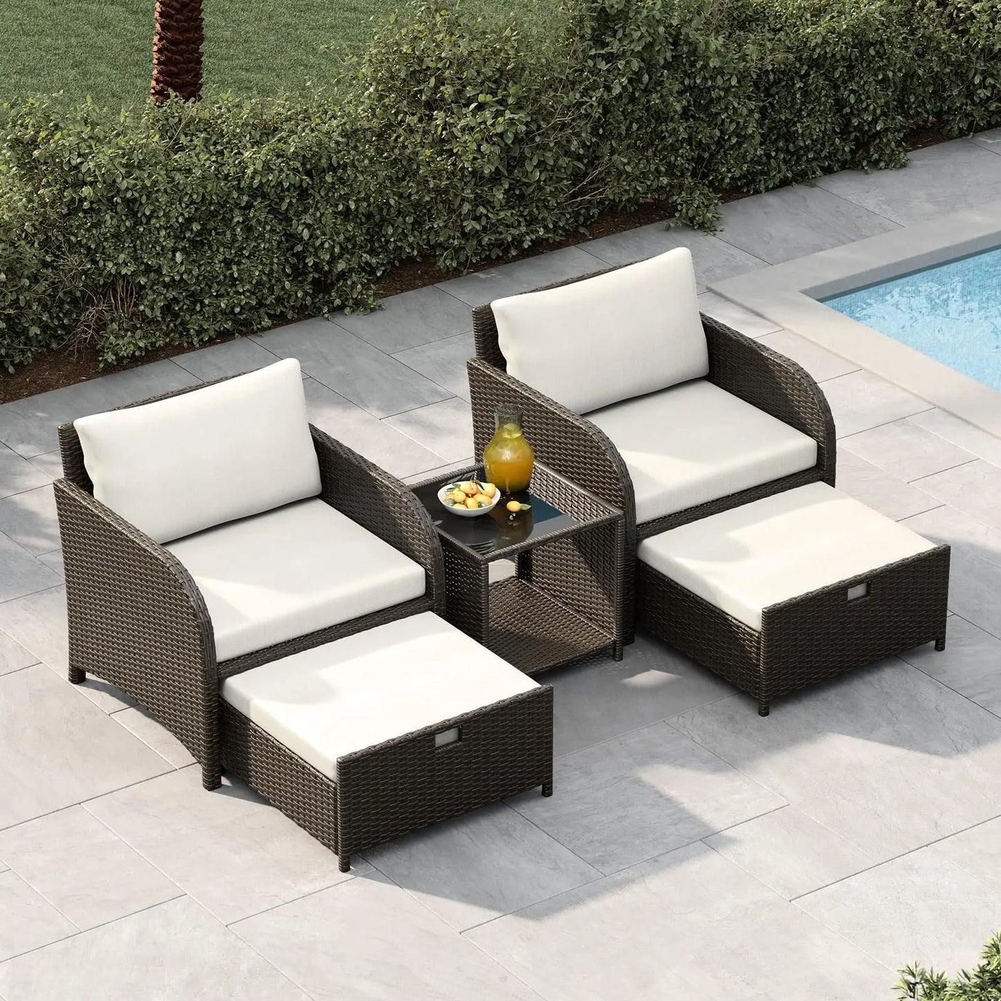 HiMISS 5 Piece PE Rattan Patio Set With Ottomans And Glass Table