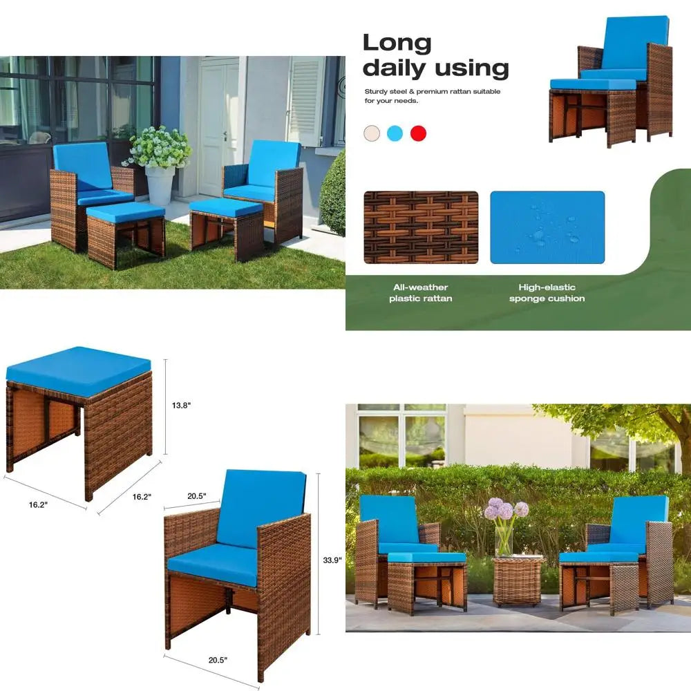 4 Piece Patio Wicker Furniture Set With Cushioned Chairs And Ottomans