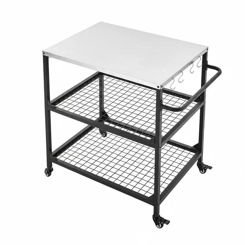 Outdoor Grill Cart, 31.5 X 24.0 Inch Stainless Steel Tabletop Size Grilling Table, Outdoor Cooking Table with 4 Wheels & Side Handle, Two Mesh Shelves, BBQ Prep Tables for Patio, Garden