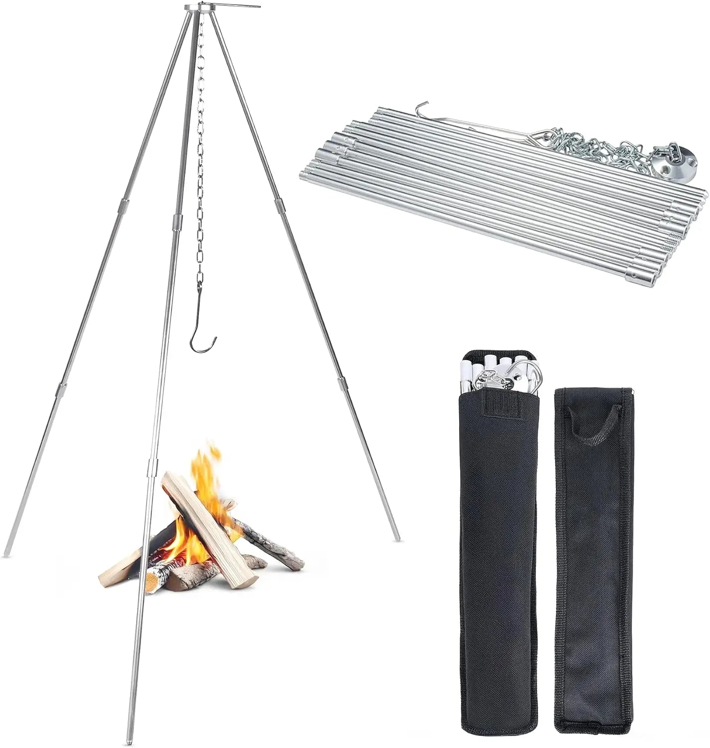 Open Fire Compatible 33 Inch Camping Tripod Foldable Stainless Steel Cooking Stand With Adjustable Chain Compact Bushcraft Gear For Fire Pit BBQ Backpacking Picnic Hanging Cookware
