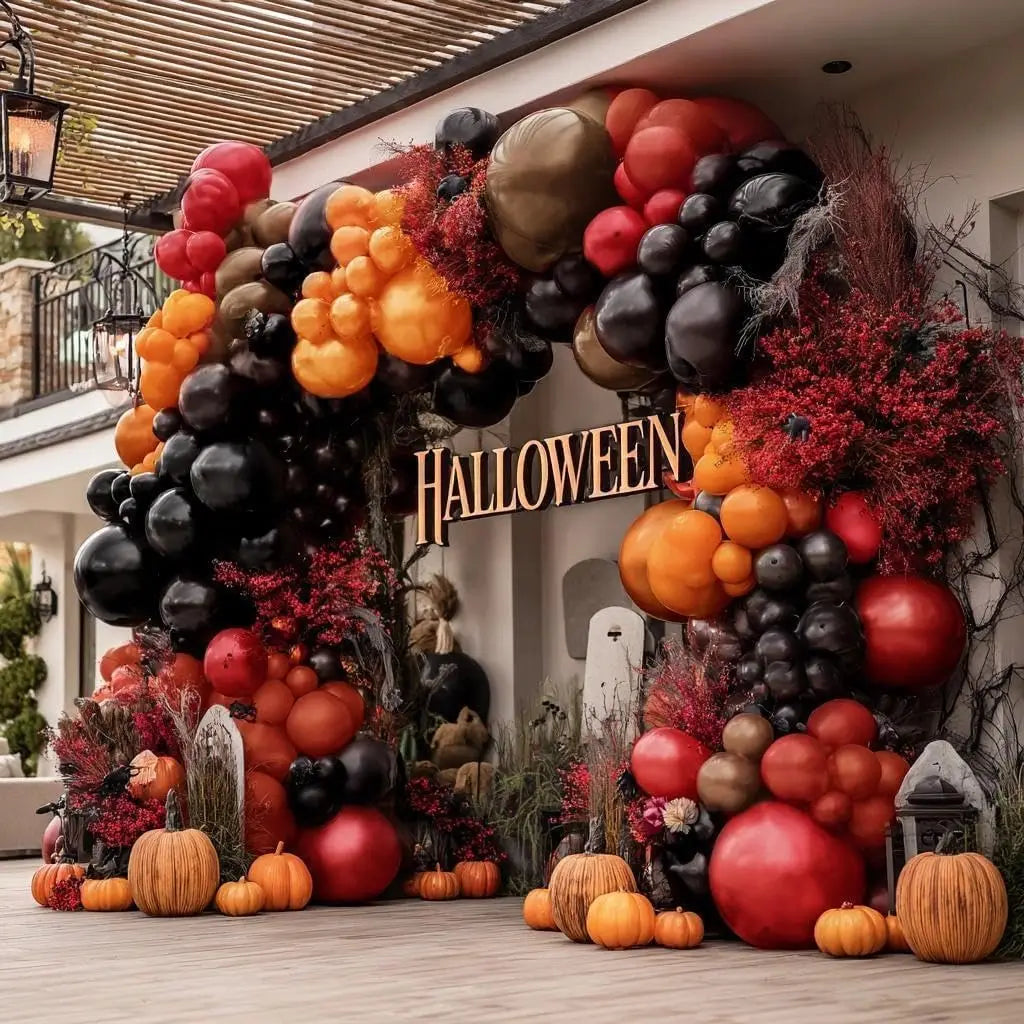 Halloween Balloon Garland, Double Stuffed Black Orange Red Dark Burgundy Brown Balloon Arch Kit for Halloween Decor Spooky Trick or Treat Fall Party Decorations