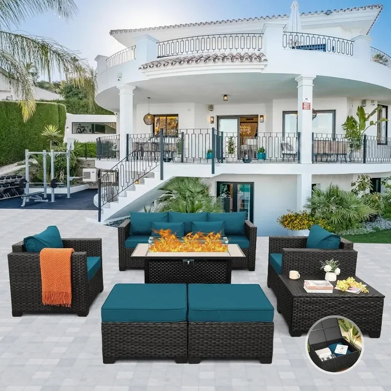 Outdoor Patio Furniture Propane Fire Pit Table Set 7 Piece