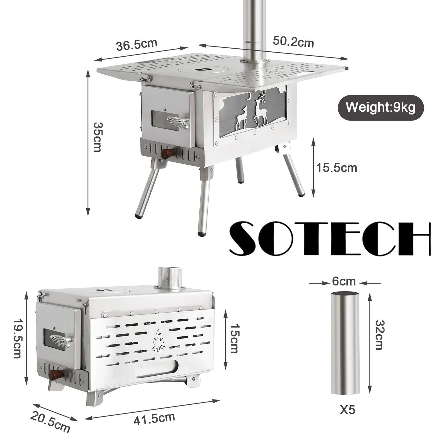 SOTECH Foldable Camping Wood Burning Stove Stainless Steel Outdoor Cooker BBQ Grill With Cooking Pan Chimney Portable Fire Pit For Camping Hiking Picnic Travel Van Life