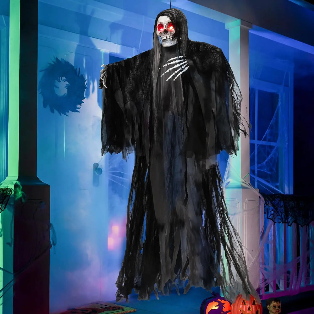 59” Animated Hanging Grim Reaper Halloween Outdoor Decorations with Voice Control Glowing Eyes and Creepy Sound Halloween Decoration for Haunted House Prop Graveyard Lawn Indoor Party Supplies