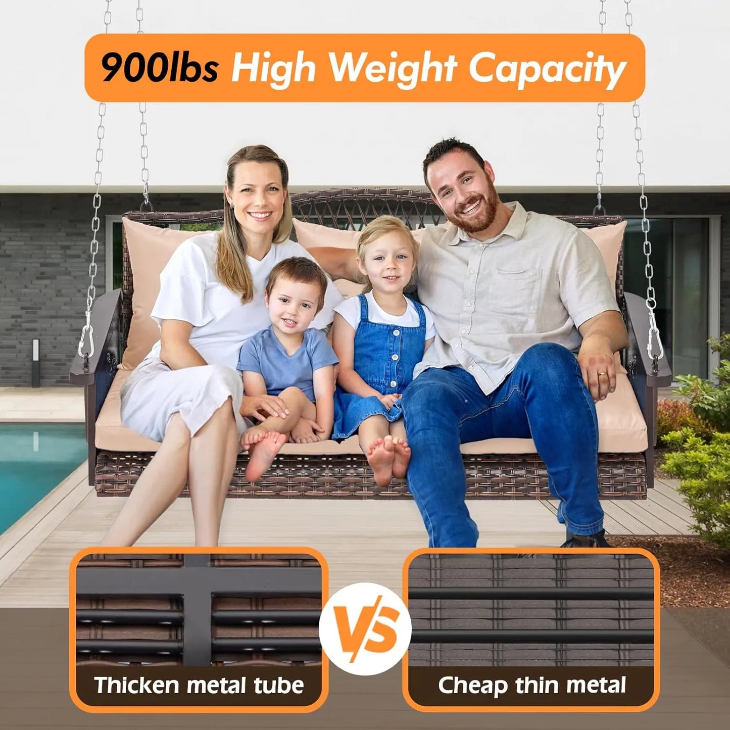 Outdoor Patio Swing Chair Bench for Adults - Wicker, 900lbs Heavy Duty, 8.9ft Hanging Chains, Cushions and Cup Holder