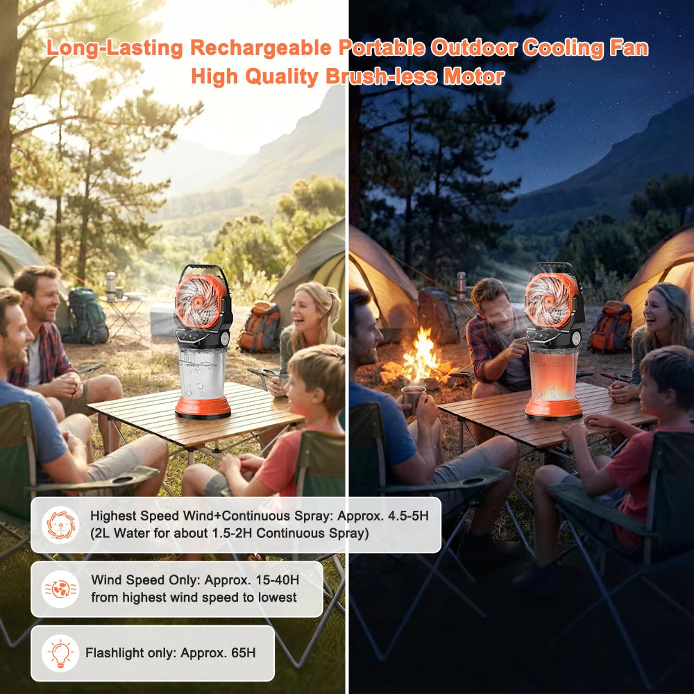 Portable Misting Fan Rechargeable Multifunctional Camping Fan, 2L Water Tank,Timer,4 Speeds Wind,5 Lighting Modes With 2 Nozzles