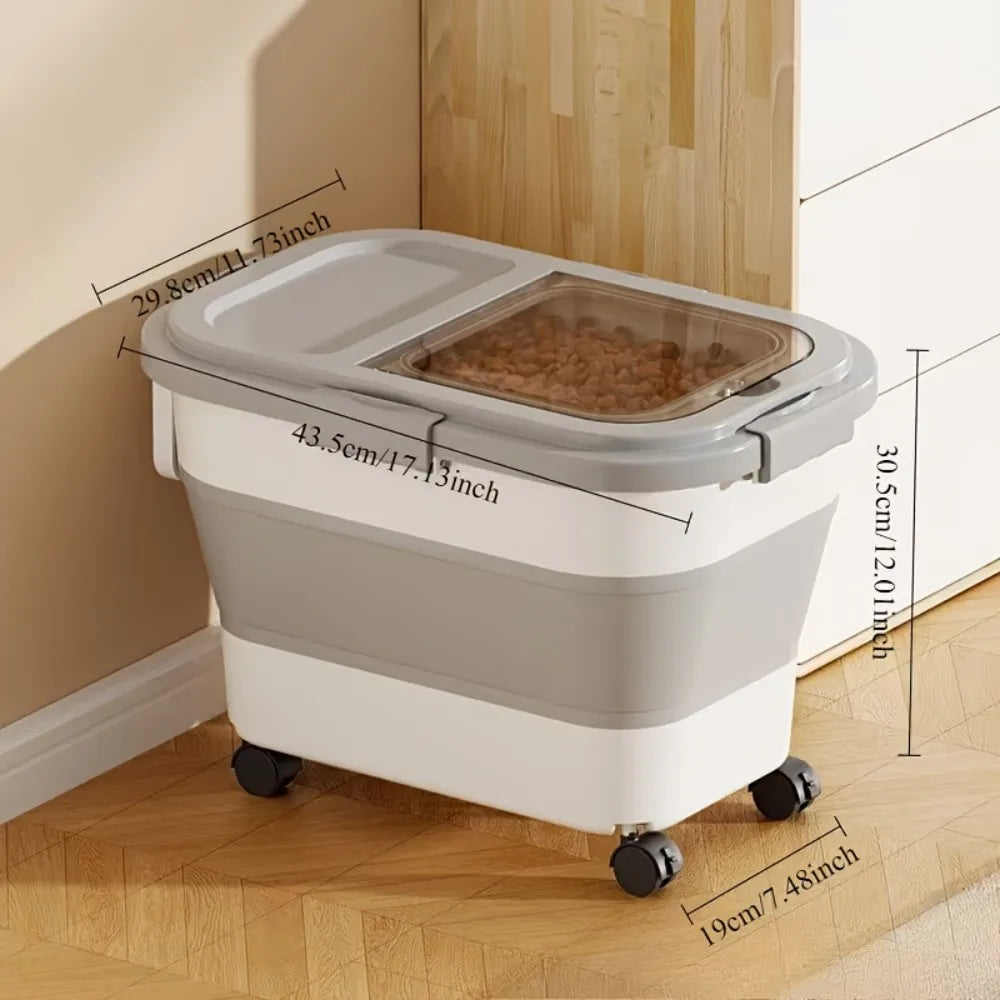Collapsible Pet Food Container With Airtight Lid And Roller Wheels