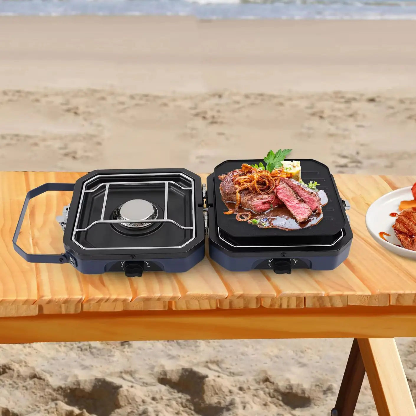 2 Burners Portable Camping Gas Stove 2.3+2.3KW Non-stick Coating Stainless Steel Folding Outdoor BBQ Cooking Stove for Camping Picnic