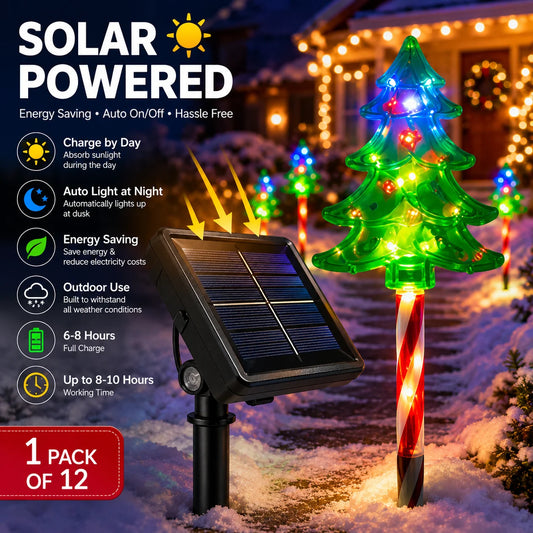 Solar Christmas Tree Pathway Lights, 8/12 Pack Warm White or Multicolor LED Stake Lights, 8 Lighting Modes, IP65 Waterproof Outdoor Christmas Yard Decorations for Garden Lawn Walkway Patio Driveway Holiday Party