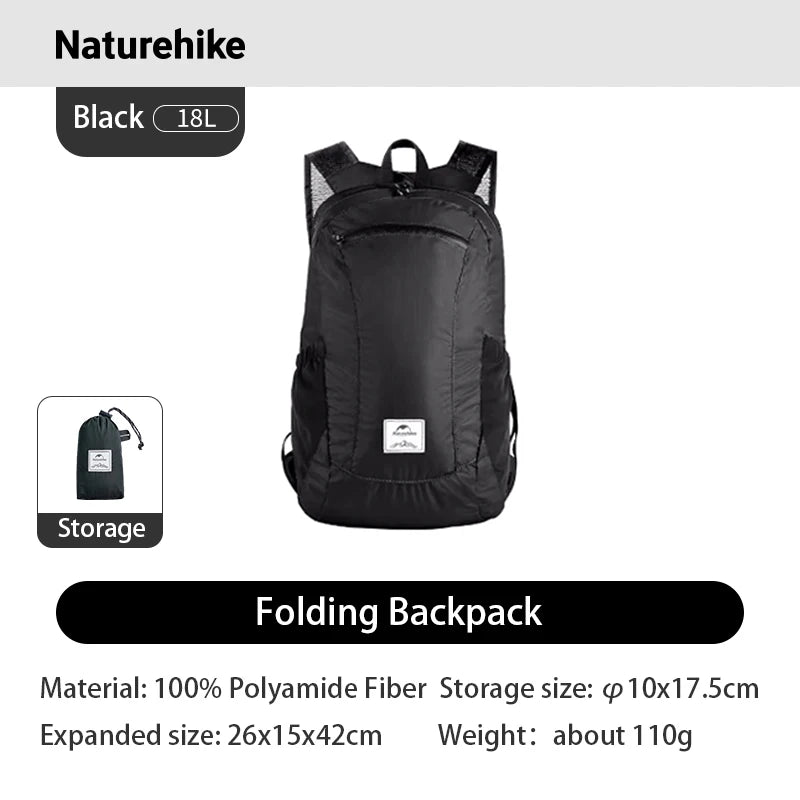Naturehike Backpack 18L Black Ultralight Outdoor Waterproof Folding Backpack for Men Women‘s Bag Camping Hiking Shoulder Bag