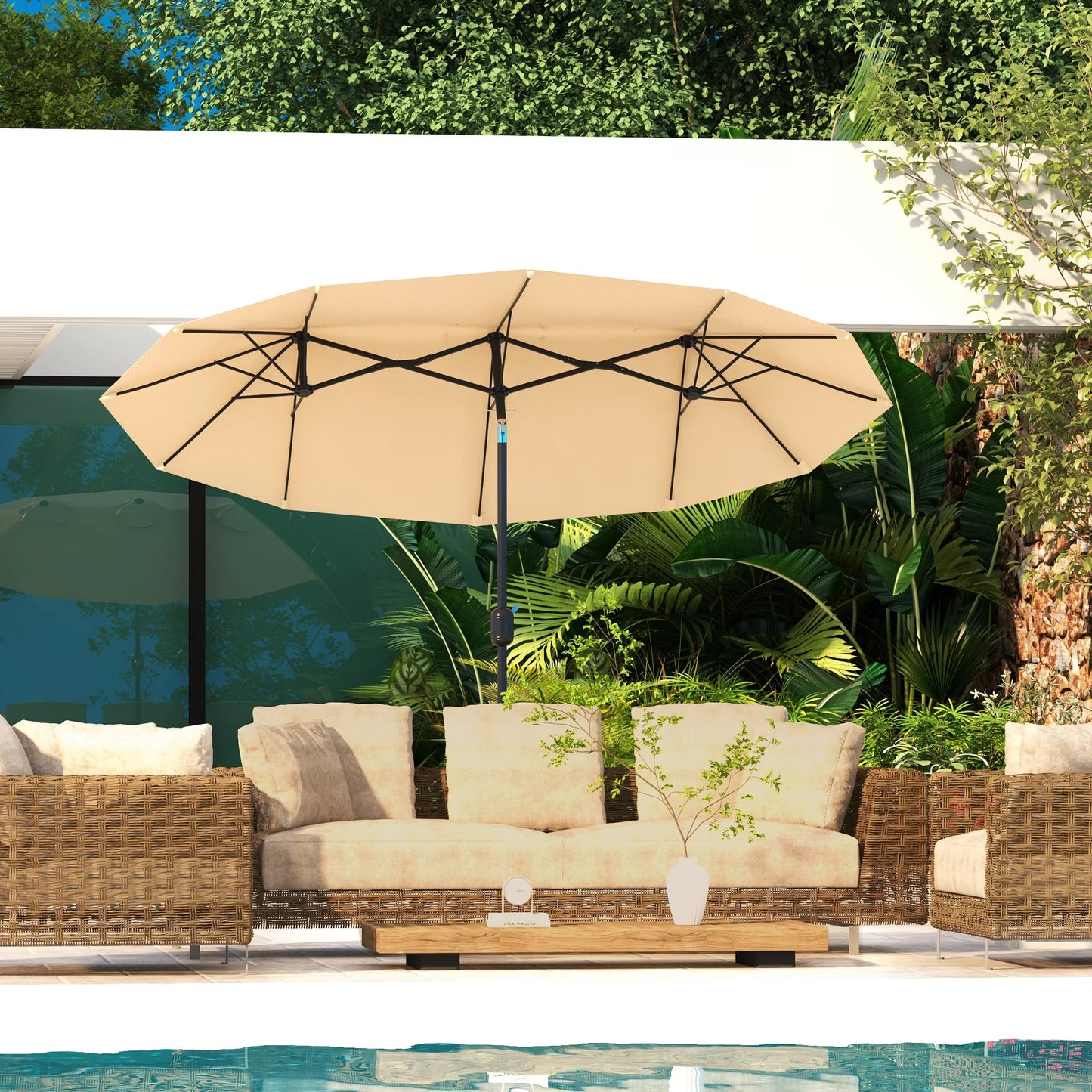 9.7' Double-Sided Patio Umbrella with 3 Air Vents, Tilt and Crank, Outdoor Umbrella, Brown