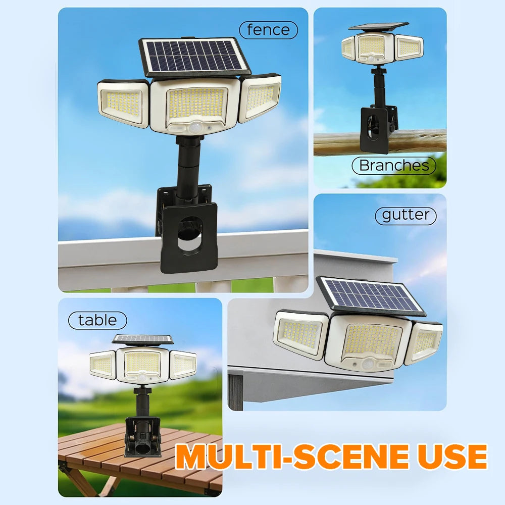 Solar LED Street Light Outdoor Clip-on Motion Sensing Light 3 Adjustable Lamp Heads Camping Light, for Fences Decks Garages Wall