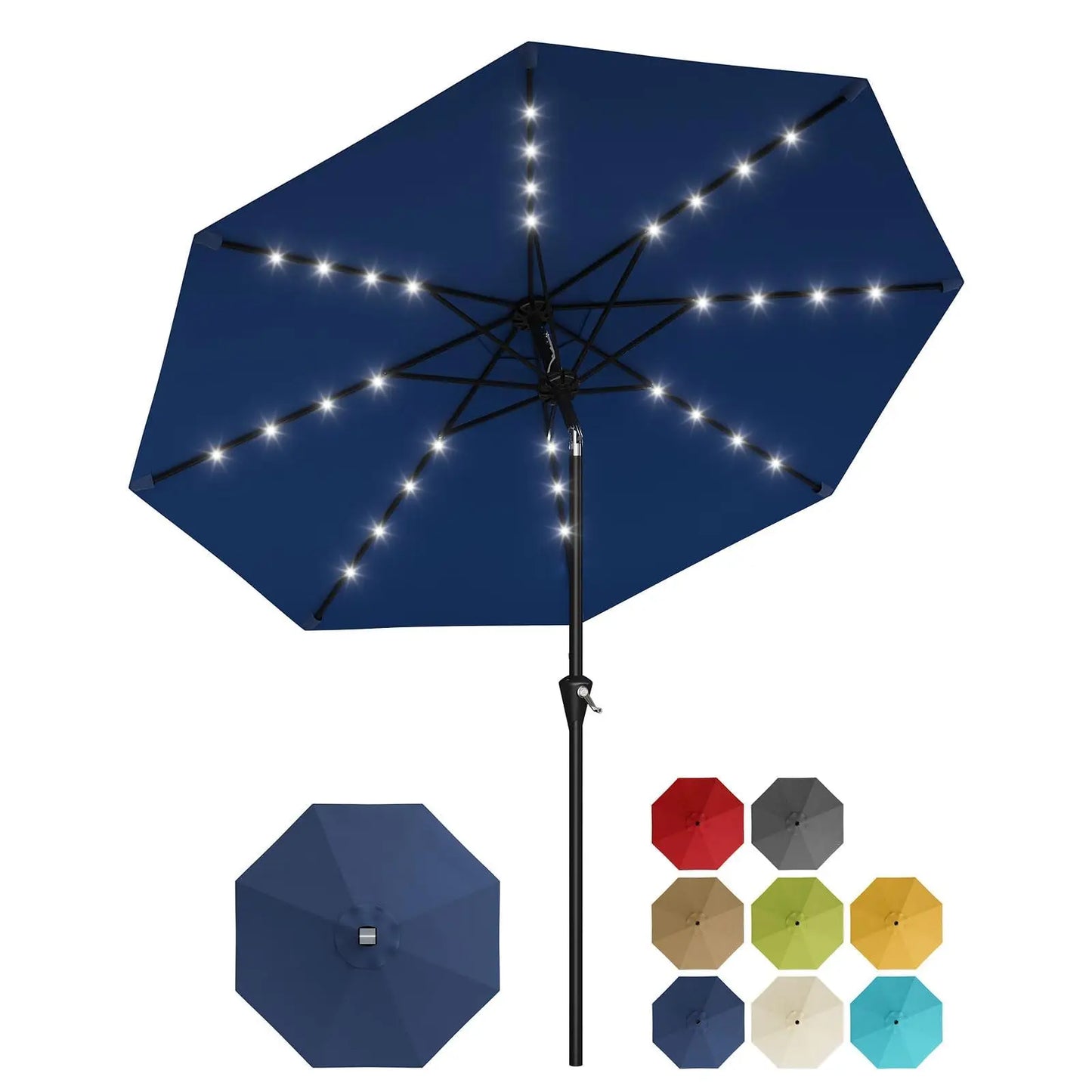9ft/10ft Solar Patio Umbrella with 32 LED Lights, UPF 50+ UV Protection, Waterproof Fade-Resistant Vented Canopy, Crank Lift & Push-Button Tilt, 8-Rib Market Table Umbrella