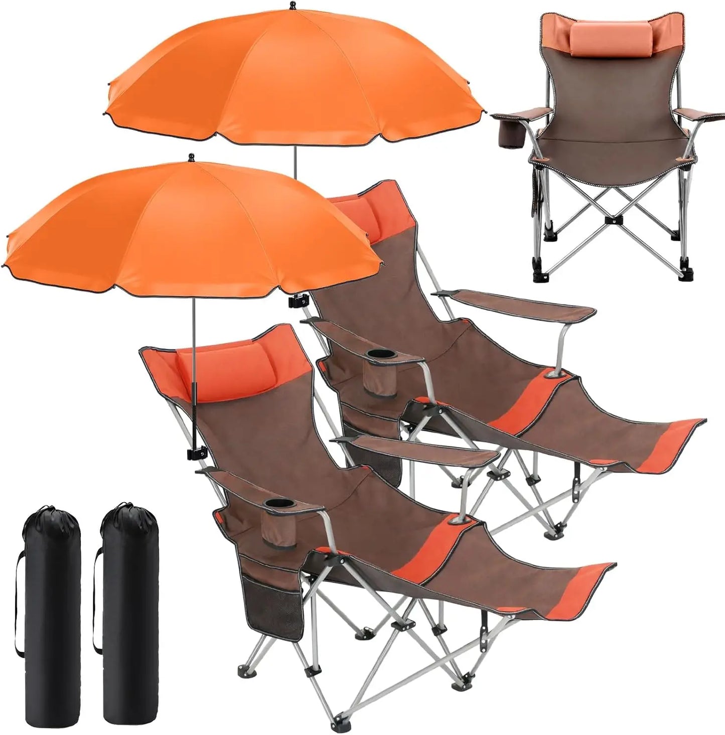 2 Pack Reclining Beach Chairs with Umbrellas Heavy Duty Folding Camping Chair Removable Footrest Adjustable Clip Canopy Lounge Chair Double Pockets Blue