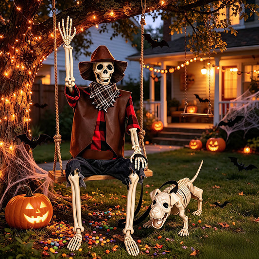 Posable Skeleton And Dog Halloween Cowboy Yard Decorations