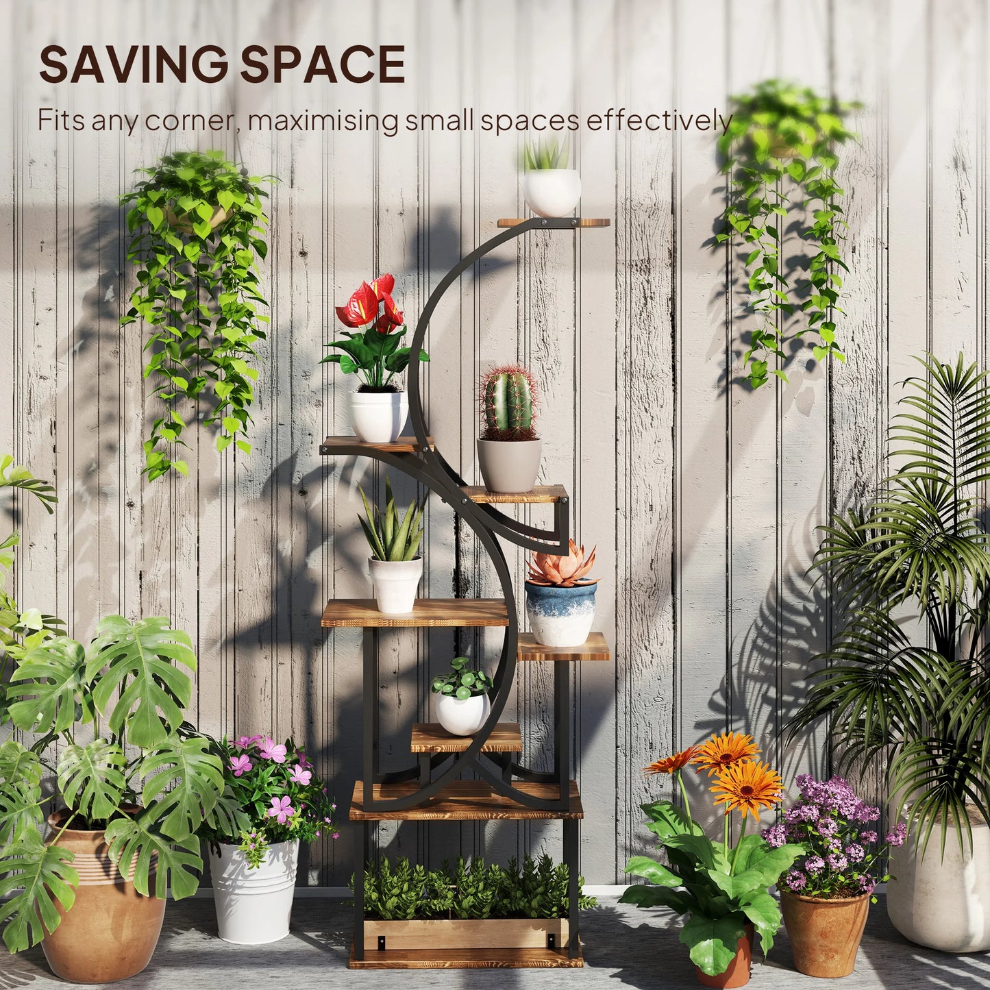 8 Tier Plant Stand, 62" S-Shaped Plant Shelf, Carbonized Finish