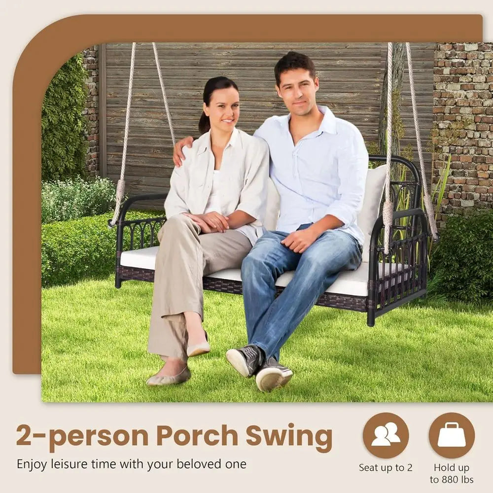 2-Person Outdoor Wicker Swing Bench with Cushions, 880lbs Capacity, Brown & White, Ideal for Patio, Garden, or Poolside