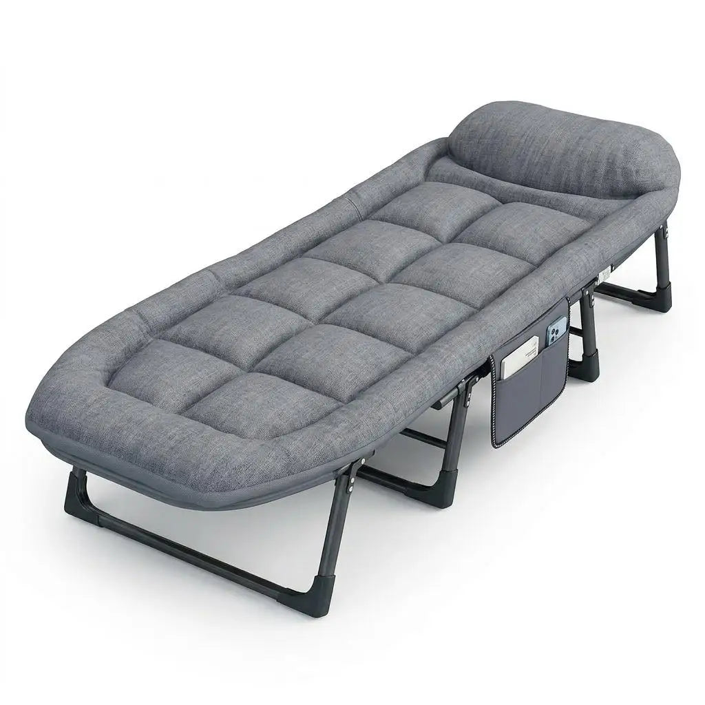 Portable Folding Bed Camping Cot with Soft Padded Mattress 6-Position Adjustable Reclining Sleeping Lounger Heavy Duty Metal Frame for Office Nap Outdoor Travel Guest Space Saving Space