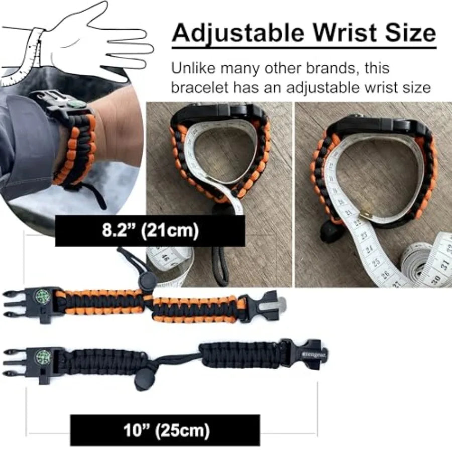 Paracord Survival Bracelet 2 Pack Flint Steel Fire Starter, Whistle, Compass, Mini Saw Adjustable Wrist Band Size for Camping,