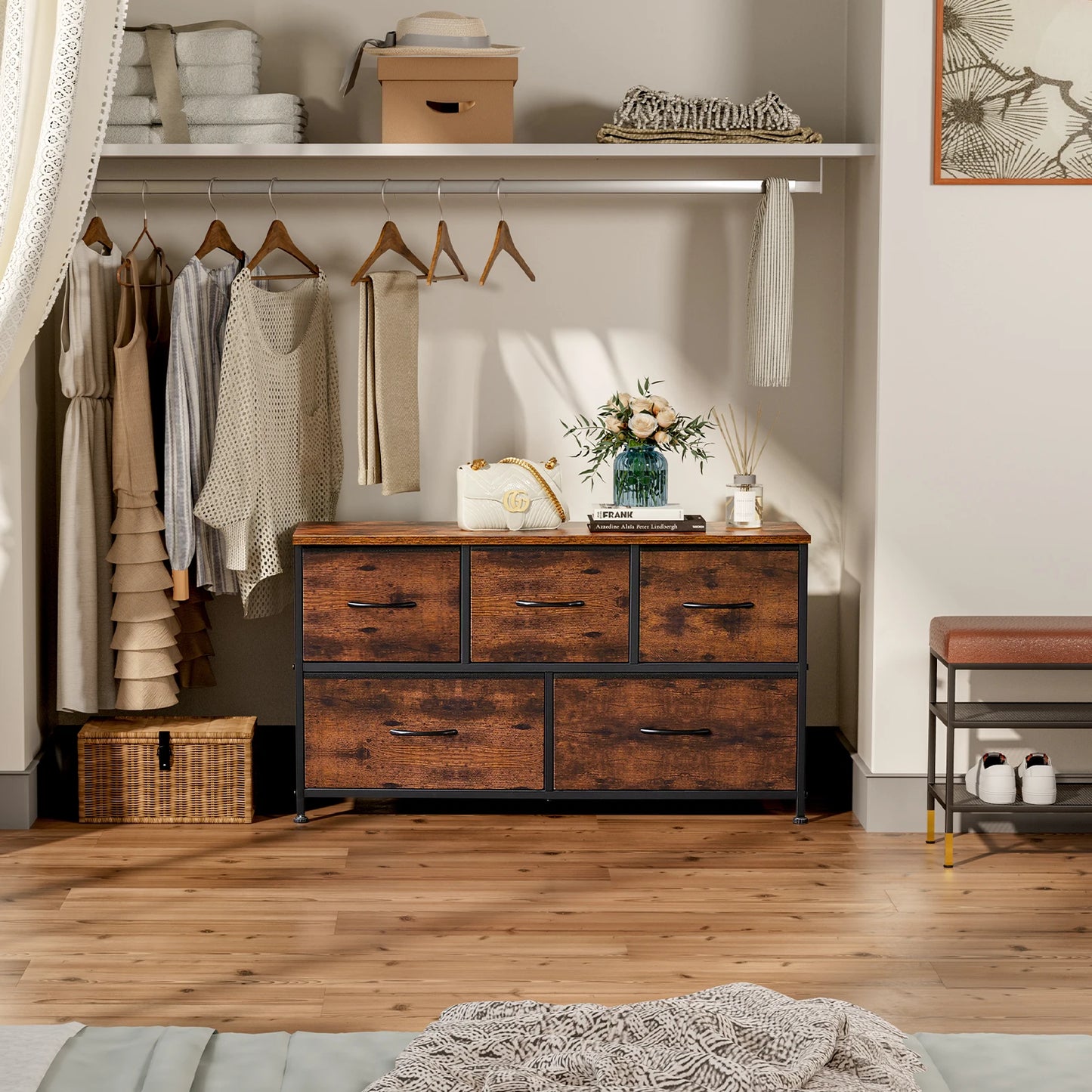 JHK Living Room Display Cabinet With Metal Frame And Drawers