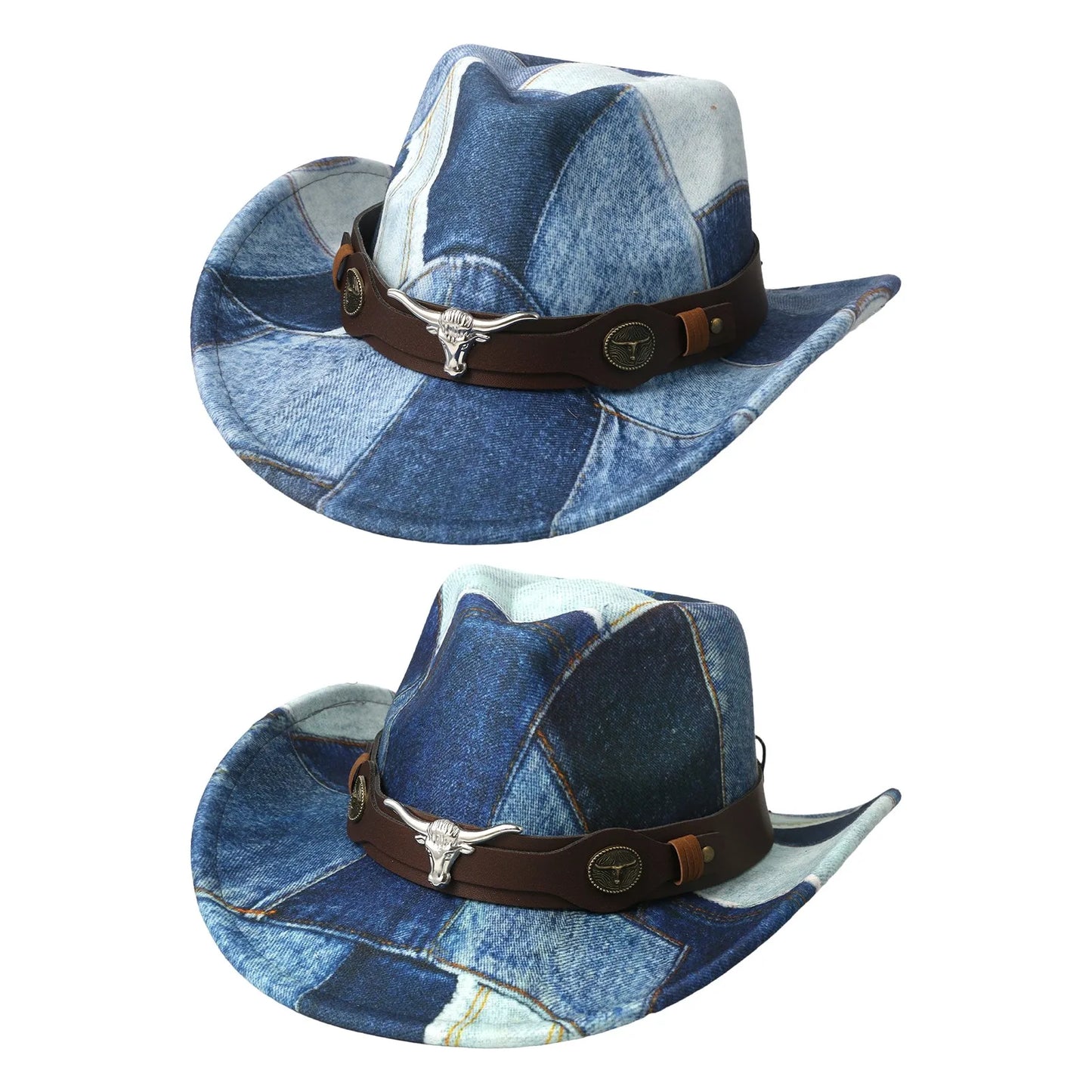 Men's Women's Denim Patchwork Western Cowboy Hat PU Leather Band Bull Head Decor