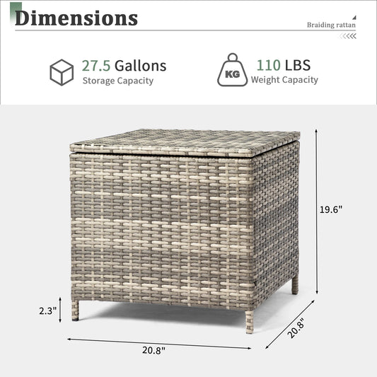 27 Gallon Outdoor PE Wicker Storage Side Table, 53×53×50cm All Weather Handwoven Rattan End Table with Sturdy Iron Frame, Dual Function Side Desk & Storage Bin for Patio Garden Backyard Store Tools Toys, Brown Gradient
