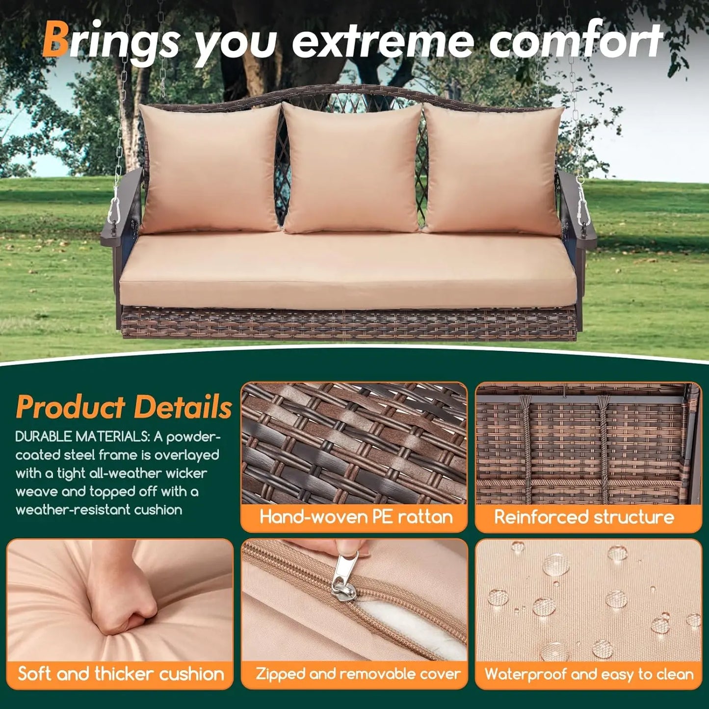 Outdoor Patio Swing Chair Bench for Adults - Wicker, 900lbs Heavy Duty, 8.9ft Hanging Chains, Cushions and Cup Holder