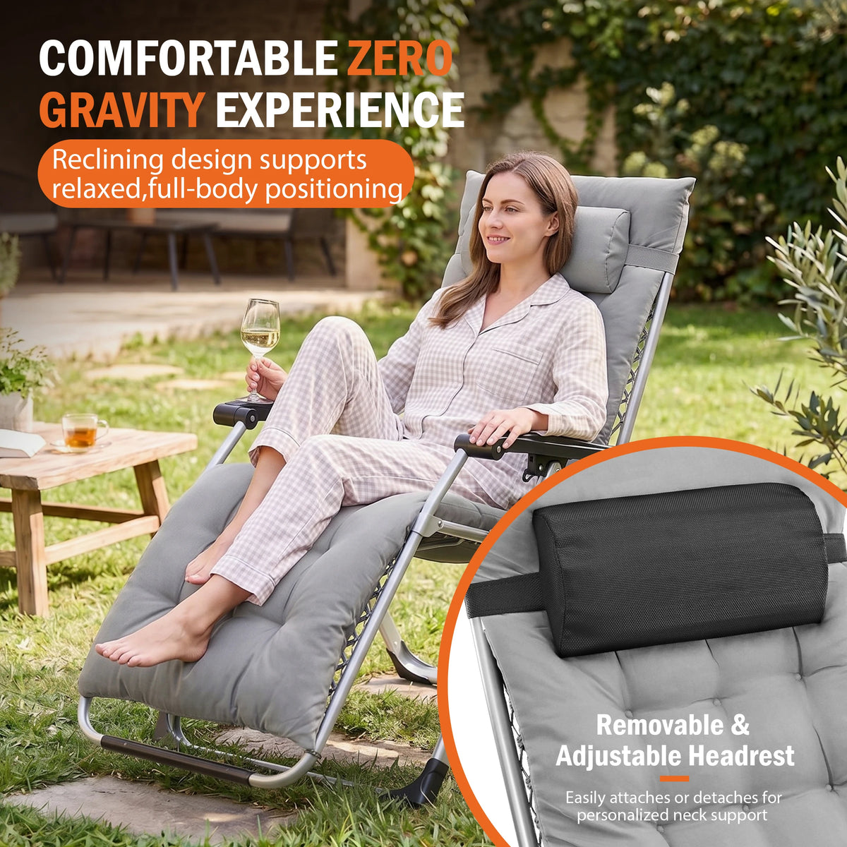 JHK Zero Gravity Reclining Outdoor Lounge Chair With Tray