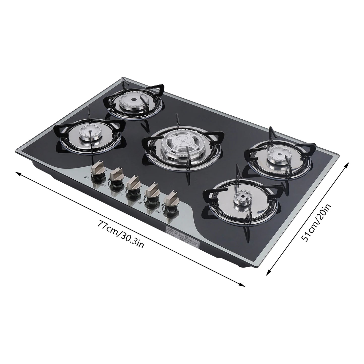 5 Burner Built-in Gas Cooktop Glass Top 3KW Dual Ring High Power Energy Saving 63% Efficiency LPG Natural Gas Stove