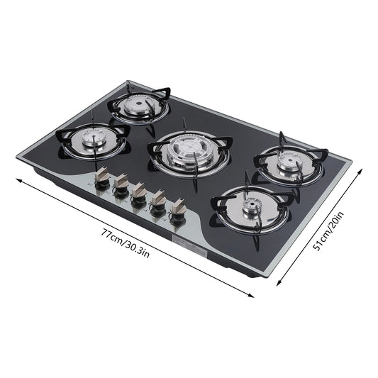 5 Burner Built-in Gas Cooktop Glass Top 3KW Dual Ring High Power Energy Saving 63% Efficiency LPG Natural Gas Stove
