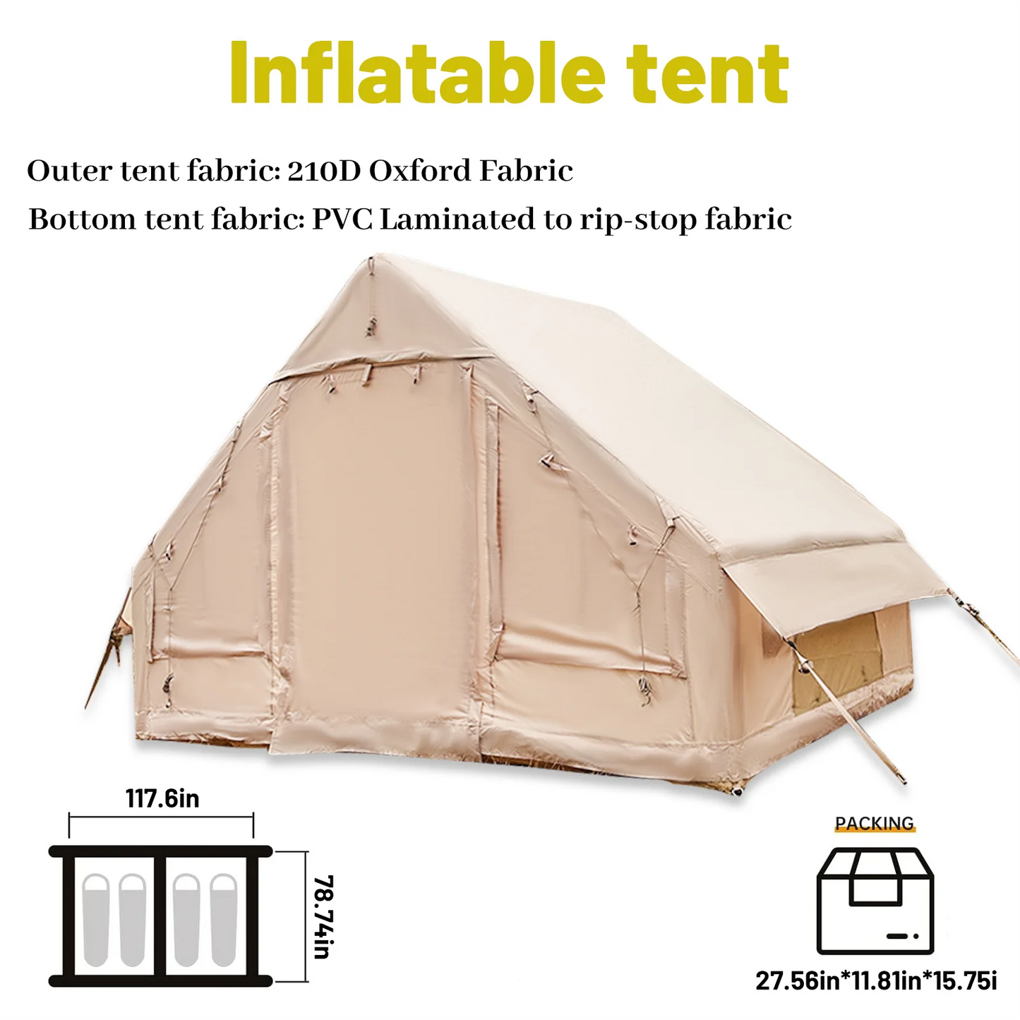 PAKICETUS Premium Inflatable Glamping Tent 4-6 Person, Four Season All-Weather Shelter With Quick Airflow Breathable Mesh Windows, Manual Hand Pump Included, Easy Setup Heavy Wind Resistant Large Family Air Tent House