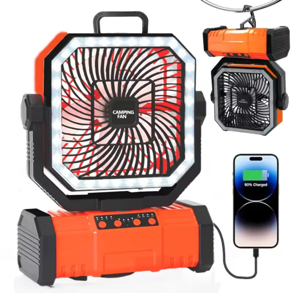 Outdoor Camping Fan 20000mAh Rechargeable Fan with LED Lantern & Remote for Fishing Travel, 4 Speeds 8H Timer, Hanging Hook