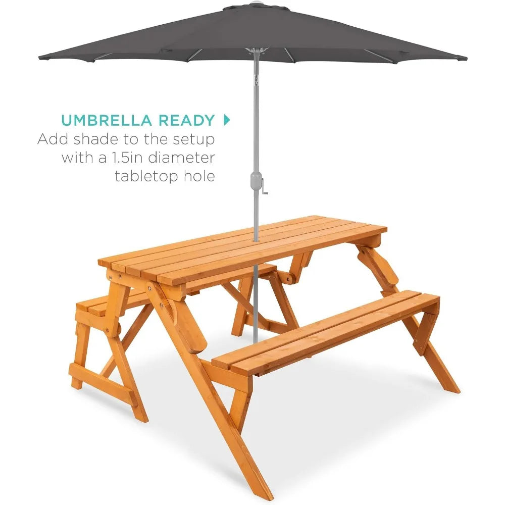 2-in-1 Outdoor Wooden Picnic Table and Bench with Umbrella Hole - Ideal for Backyard, Porch, Patio, Deck