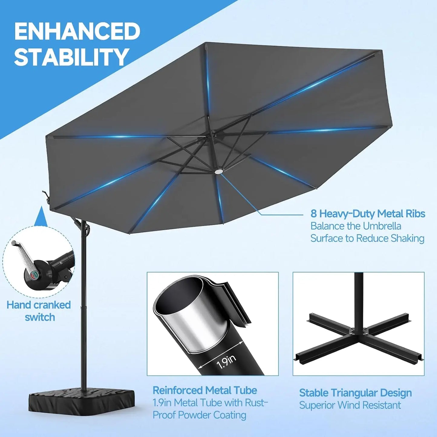 10 Foot Cantilever Patio Umbrella With Base, Outdoor Large Offset Sunshade Canopy With 360 Degree Rotation, Heavy Duty Crank Handle Hanging Market Umbrella For Deck Pool Backyard, Gray