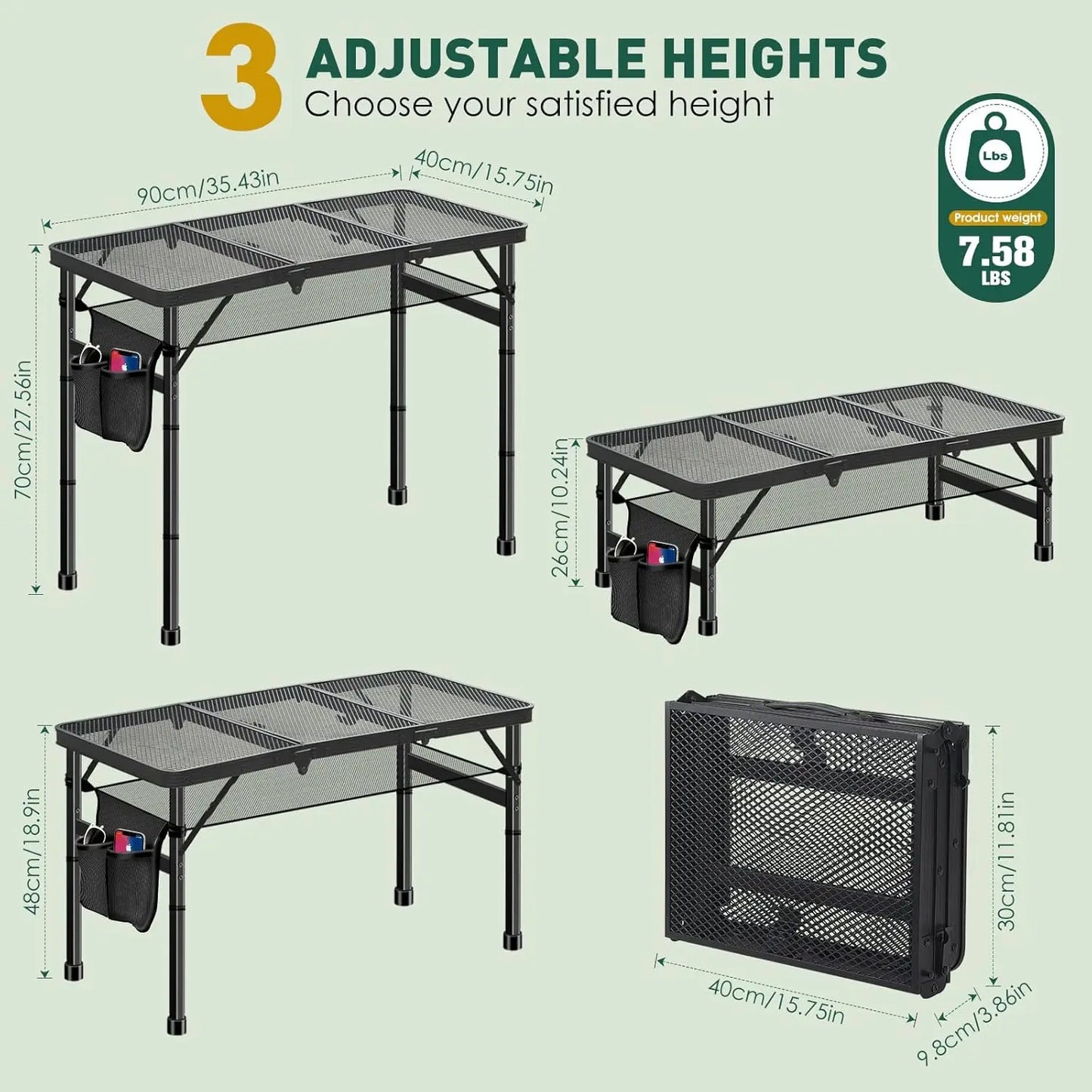 Folding Camping Table, 3ft Camping Table Folding Table with 3 Adjustable Height Max 27.5 Inch Picnic Table Portable Table for Ou